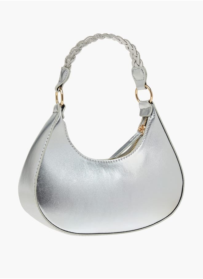 Women Solid Hobo Bag with Zip Closure and Embellished Strap