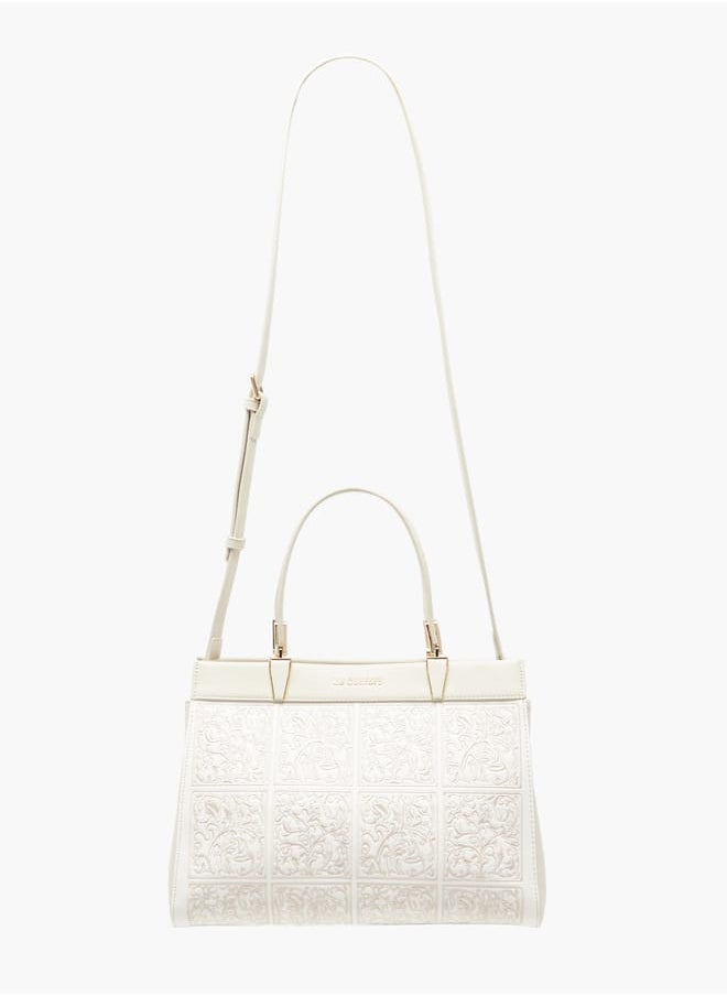 Women Embroidered Tote Bag with Detachable Strap and Zip Closure