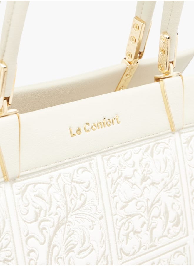 Women Embroidered Tote Bag with Detachable Strap and Zip Closure