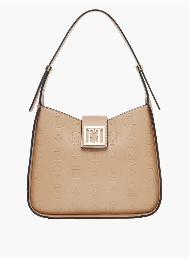 Womens Monogram Embossed Shoulder Bag With Button Closure And Adjustable Strap