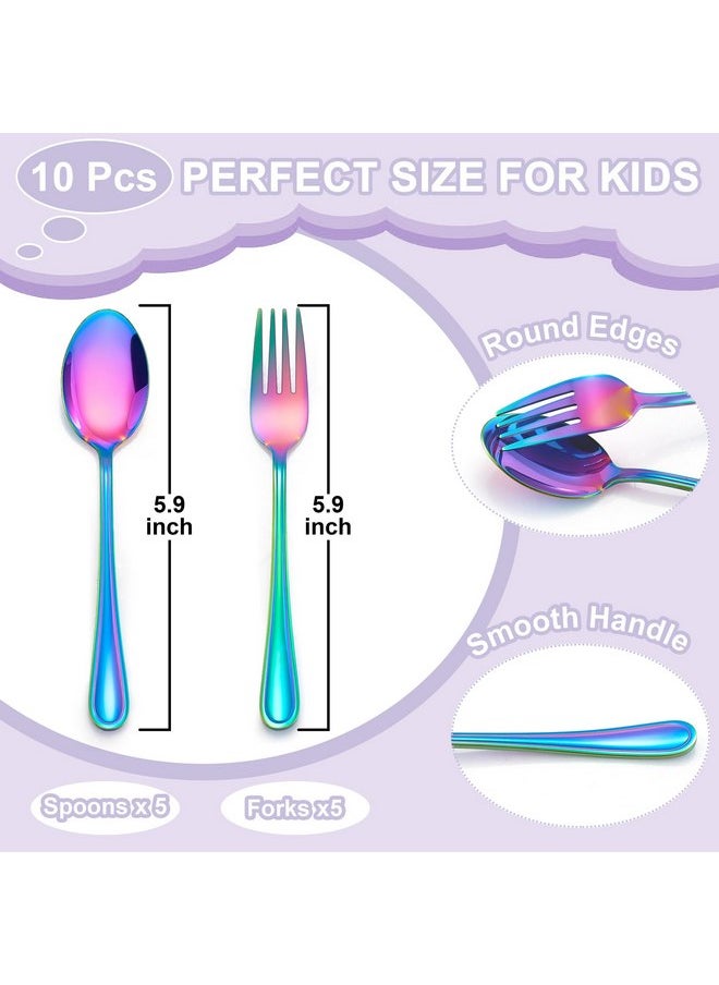 E-far 10-Piece Rainbow Toddler Utensils, Kid Stainless Steel Silverware Set, Children Safe Forks and Spoons Set for Self Feeding, Healthy & Non-Toxic, Mirror Polished & Easy to Clean