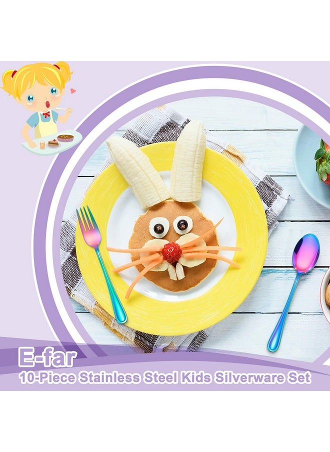 E-far 10-Piece Rainbow Toddler Utensils, Kid Stainless Steel Silverware Set, Children Safe Forks and Spoons Set for Self Feeding, Healthy & Non-Toxic, Mirror Polished & Easy to Clean