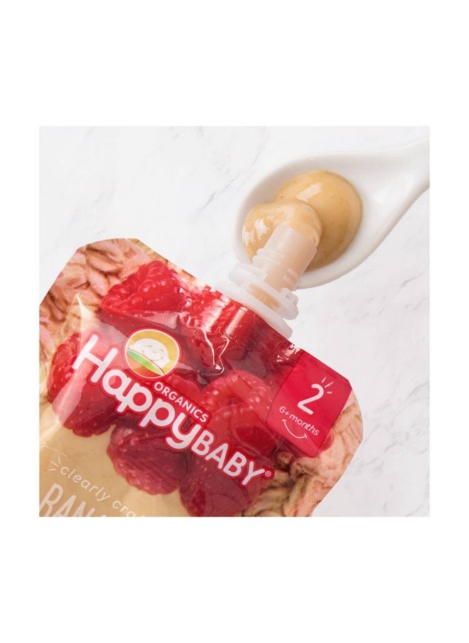 Happy Baby Organics Stage 2 Baby Food Pouches, Gluten Free, Vegan & Healthy Snack, Clearly Crafted Fruit & Veggie Puree, Bananas, Raspberries & Oats, 4 Ounces (Pack of 1)