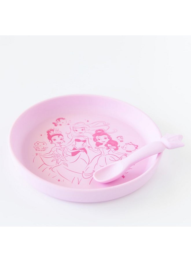 Bumkins Disney Baby and Toddler Plate and Spoon Set, Silicone Dish for Babies and Kids, Baby Led Weaning, Children Feeding Supplies, Microwave Safe, Platinum Silicone, Ages 6 Months Up, Princess