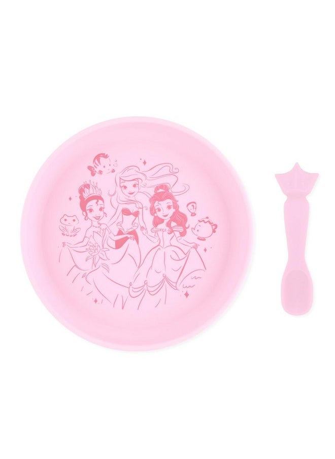 Bumkins Disney Baby and Toddler Plate and Spoon Set, Silicone Dish for Babies and Kids, Baby Led Weaning, Children Feeding Supplies, Microwave Safe, Platinum Silicone, Ages 6 Months Up, Princess