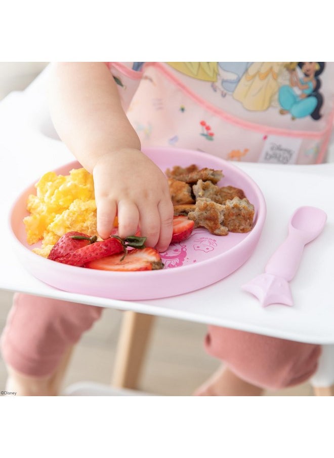 Bumkins Disney Baby and Toddler Plate and Spoon Set, Silicone Dish for Babies and Kids, Baby Led Weaning, Children Feeding Supplies, Microwave Safe, Platinum Silicone, Ages 6 Months Up, Princess