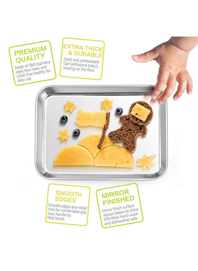 E-far Stainless Steel Kids Plates, 4 Pieces Small Metal Dinner Dish Set for Kids Toddler Child, 9.4” x 7.3” x 1”, Non-Toxic & Dishwasher Safe, Great for Self-Feeding/Picnic/Outdoor Camping
