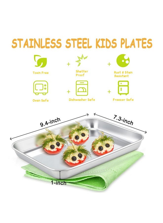E-far Stainless Steel Kids Plates, 4 Pieces Small Metal Dinner Dish Set for Kids Toddler Child, 9.4” x 7.3” x 1”, Non-Toxic & Dishwasher Safe, Great for Self-Feeding/Picnic/Outdoor Camping