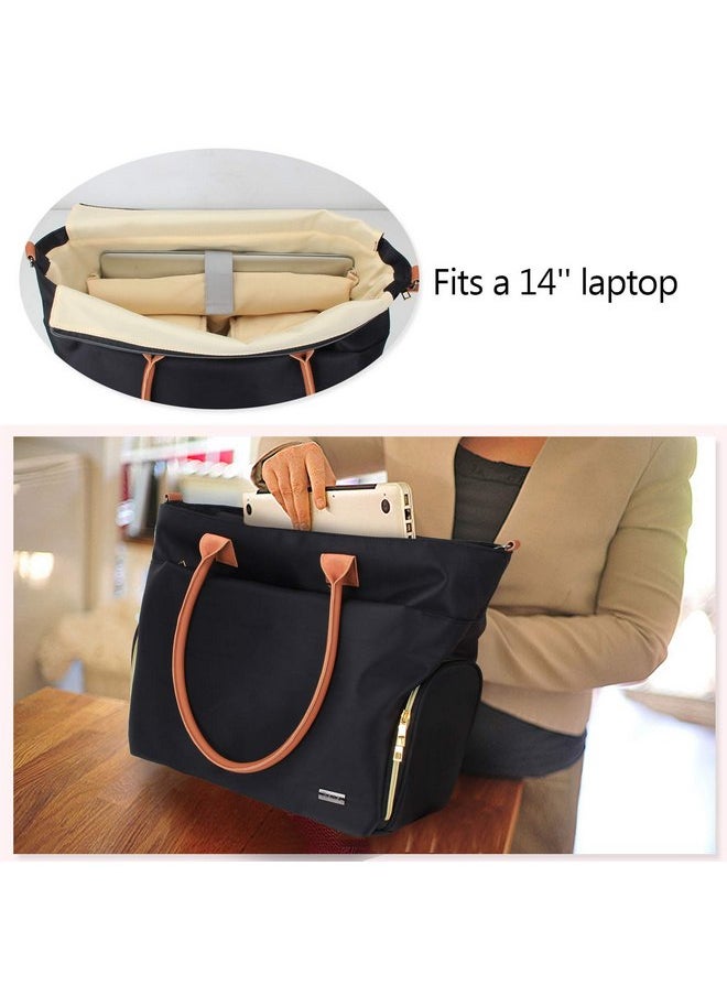 Teamoy Breast Pump Travel Bag, Leather Handle Pumping Tote Compatible with Spectra S1,S2, Medela and Cooler Bag, Laptop Breast Pump Storage Bag for Working Moms, Black (PU Handle)