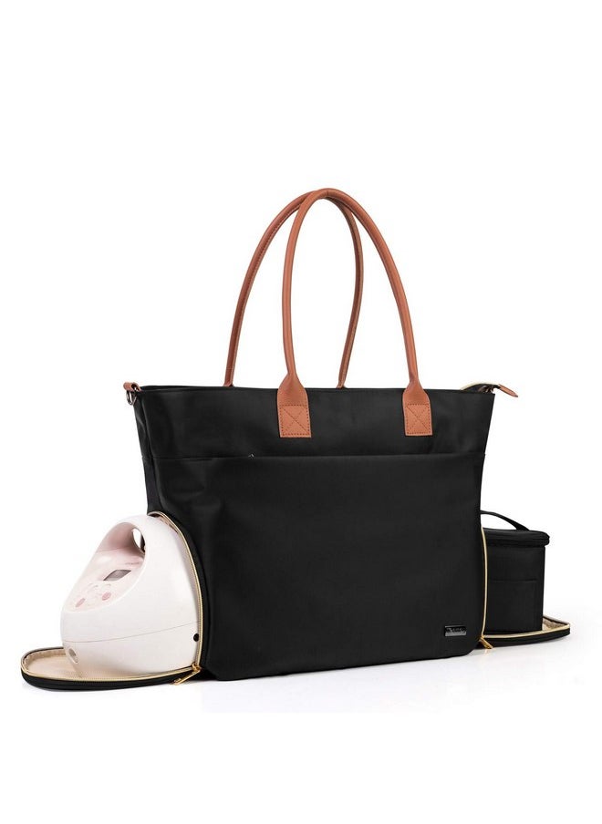 Teamoy Breast Pump Travel Bag, Leather Handle Pumping Tote Compatible with Spectra S1,S2, Medela and Cooler Bag, Laptop Breast Pump Storage Bag for Working Moms, Black (PU Handle)