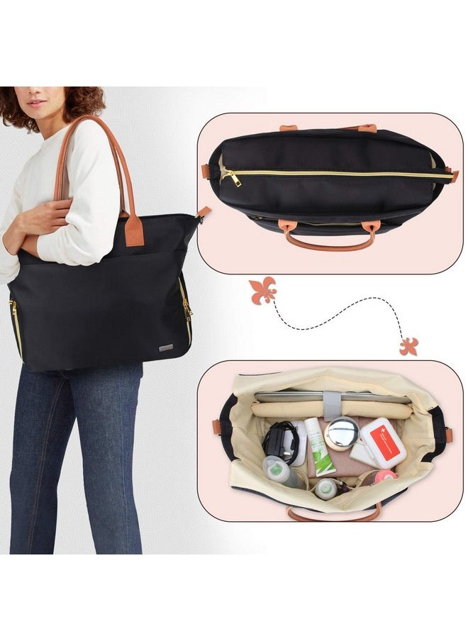 Teamoy Breast Pump Travel Bag, Leather Handle Pumping Tote Compatible with Spectra S1,S2, Medela and Cooler Bag, Laptop Breast Pump Storage Bag for Working Moms, Black (PU Handle)