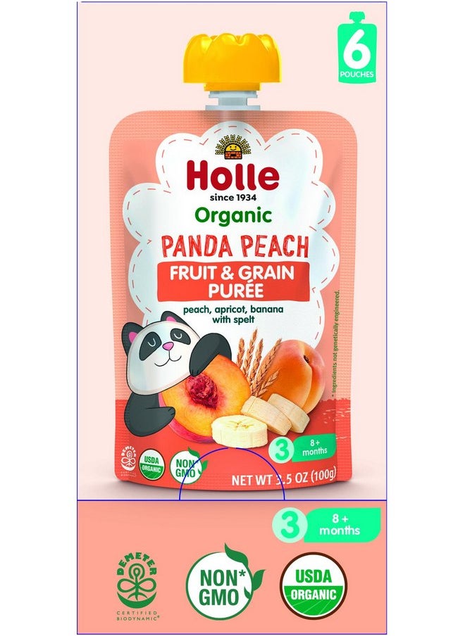 Holle Organic Baby Food Pouches - Panda Peach Baby Puree with Peach, Banana, Apricot & Spelt - (6 Pack) Organic Baby Snacks + Fruit and Veggie Pouches for Weaning Babies 6 Months and Older