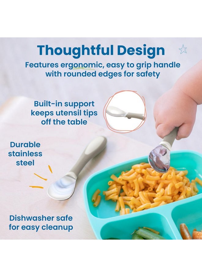 ECR4Kids My First Meal Pal Stainless Steel Spoons, Toddler Silverware, White, Light Grey, 3-Pack