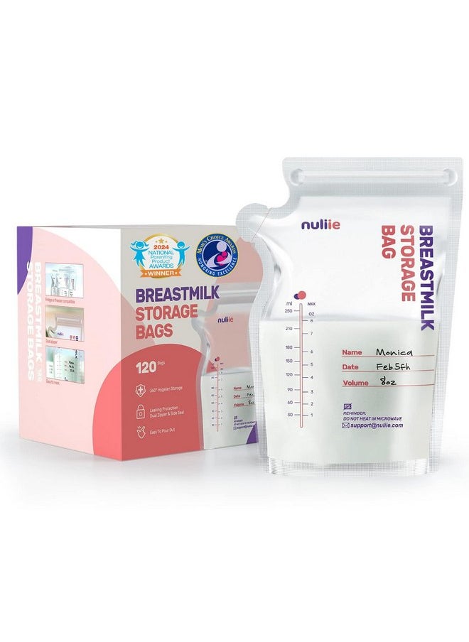 Nuliie 120 Pcs Breastmilk Storage Bags, 8 OZ Breast Milk Storing Bags, BPA-Free, Milk Storage Bags with Pour Spout for Breastfeeding, Self-Standing Bag, Space Saving Flat Profile