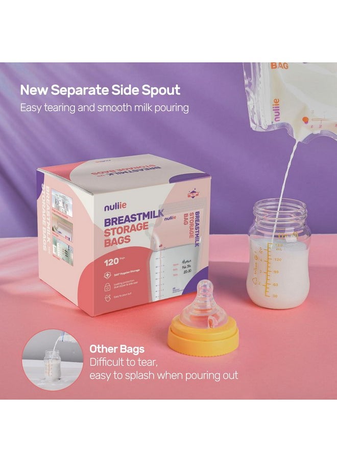 Nuliie 120 Pcs Breastmilk Storage Bags, 8 OZ Breast Milk Storing Bags, BPA-Free, Milk Storage Bags with Pour Spout for Breastfeeding, Self-Standing Bag, Space Saving Flat Profile