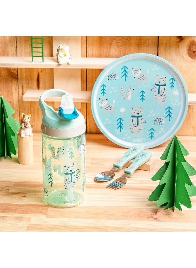 zak! 5-Piece Dinnerware Set, Forest Friends - Durable Plastic & Stainless Steel - Includes Water Bottle, 8-Inch Plate, 6-Inch Bowl, Fork & Spoon - Suitable for Kids Ages 3+