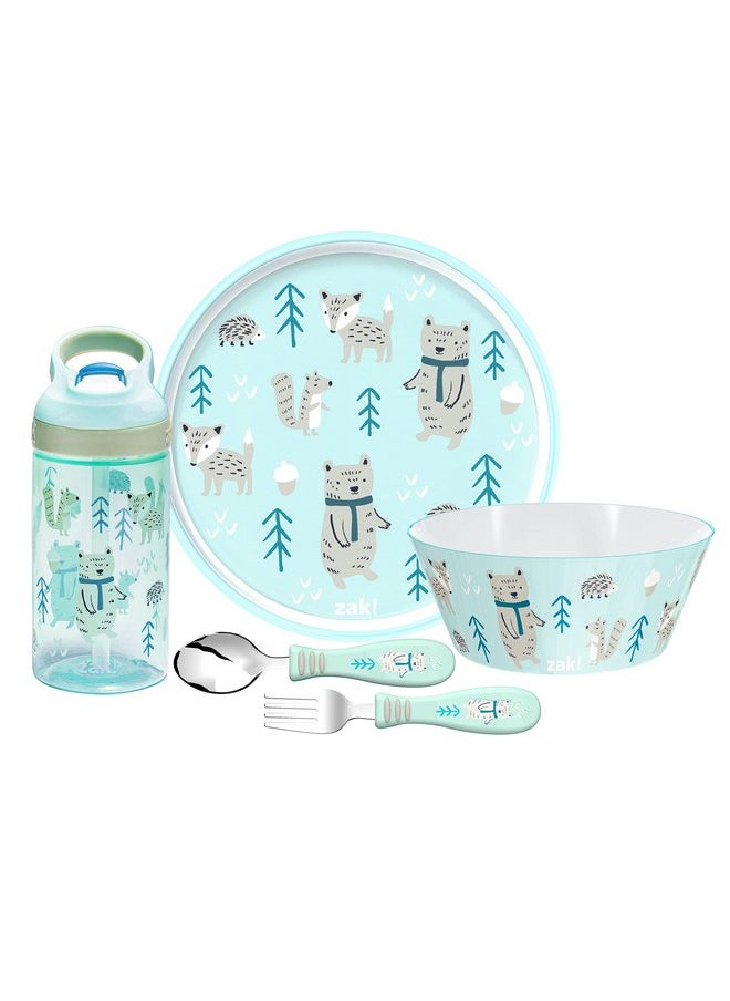 zak! 5-Piece Dinnerware Set, Forest Friends - Durable Plastic & Stainless Steel - Includes Water Bottle, 8-Inch Plate, 6-Inch Bowl, Fork & Spoon - Suitable for Kids Ages 3+