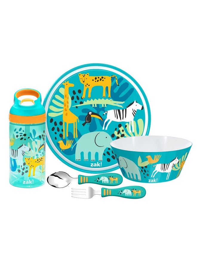 zak! 5-Piece Dinnerware Set, Safari - Durable Plastic & Stainless Steel - Includes Water Bottle, 8-Inch Plate, 6-Inch Bowl, Fork & Spoon - Suitable for Kids Ages 3+