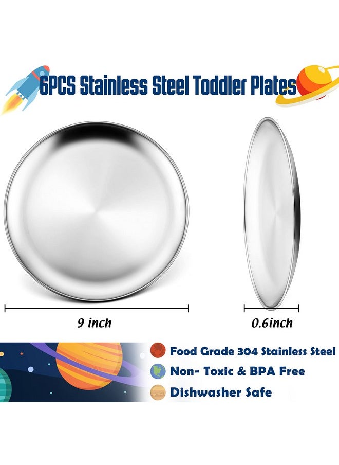 HaWare 6-Piece 18/8 Stainless Steel Plates, Metal 304 Dinner Dishes for Kids Toddlers Children, 9 Inch Feeding Serving Camping Plates, Reusable Dinnerware, Shatterproof & Non-toxic, Dishwasher Safe