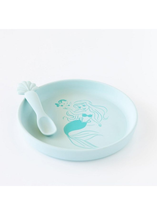 Bumkins Disney Baby and Toddler Plate and Spoon Set, Silicone Dish for Babies and Kids, Baby Led Weaning, Children Feeding Supplies, Microwave Safe, Platinum Silicone, Ages 6 Months Up, Princess Ariel