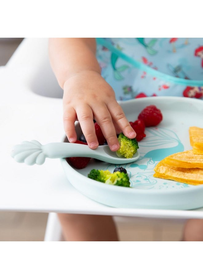Bumkins Disney Baby and Toddler Plate and Spoon Set, Silicone Dish for Babies and Kids, Baby Led Weaning, Children Feeding Supplies, Microwave Safe, Platinum Silicone, Ages 6 Months Up, Princess Ariel