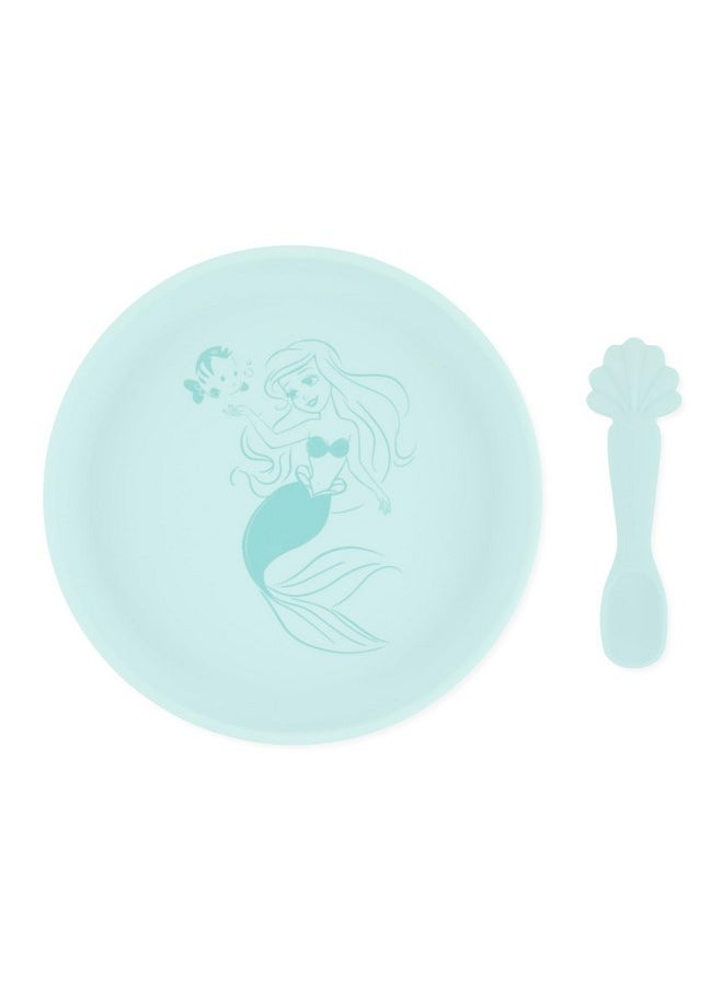 Bumkins Disney Baby and Toddler Plate and Spoon Set, Silicone Dish for Babies and Kids, Baby Led Weaning, Children Feeding Supplies, Microwave Safe, Platinum Silicone, Ages 6 Months Up, Princess Ariel