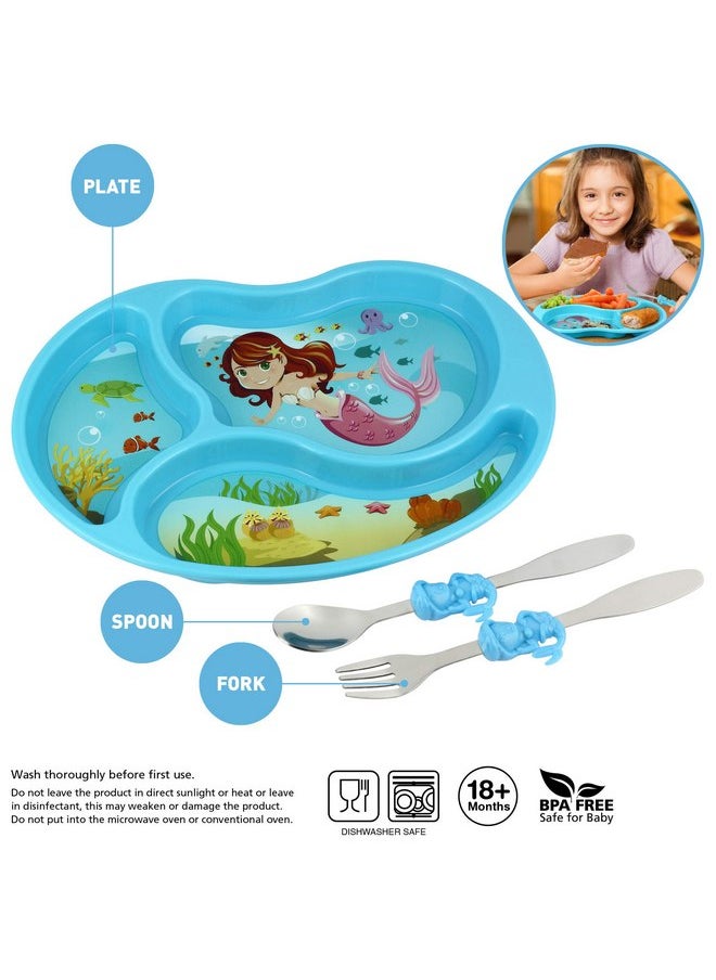 KidsFunwares Me Time PP Dinnerware Set (Mermaid) - 3-Piece Set for Kids and Toddlers - Plate, Fork and Spoon that Children Love - Sparks your Child's Imagination and Teaches Portion Control