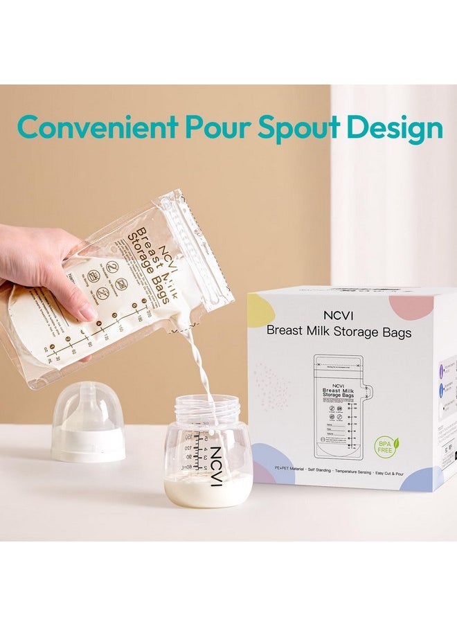 NCVI Breastmilk Storage Bags, 25 Count Milk Storage Bags for Breastfeeding, 7oz Breast Milk Storage Bags with Temp-Sensing, Doubled-Sealed, Hygienically, Self Standing, Easy Pour Spout, BPA Free