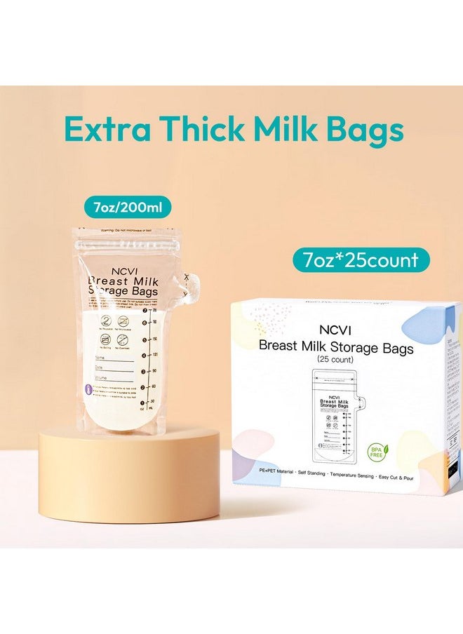 NCVI Breastmilk Storage Bags, 25 Count Milk Storage Bags for Breastfeeding, 7oz Breast Milk Storage Bags with Temp-Sensing, Doubled-Sealed, Hygienically, Self Standing, Easy Pour Spout, BPA Free