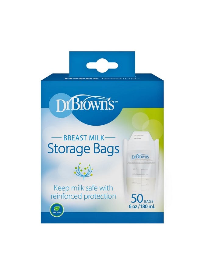 Dr. Brown’s Breast Milk Storage Bags, Disposable and Durable Bags for Freezing & Heating Breast Milk, (50ct) 6 oz Bags, BPA free