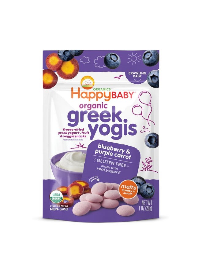 Happy Baby Organics Baby Snacks, Greek Yogis, Freeze Dried Yogurt &Veggie Fruit Snacks, Gluten Free Snack for Babies 9+ Months, Blueberry & Purple Carrot, 1 Ounce
