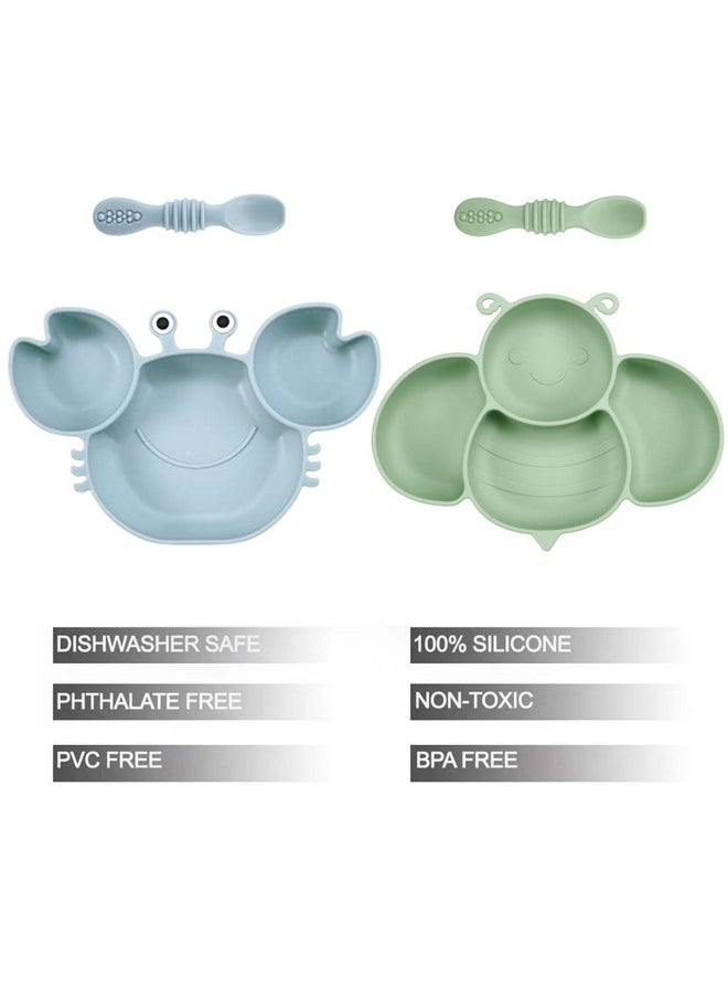 PandaEar 2 Pack Silicone Suction Plates for Baby, Divided Unbreakable Toddler Plate with 2 Pack Spoons for Self Feeding, Babies Utensils Feeding Set Baby Eating Supplies, Crab & Bee Shape -Blue&Green