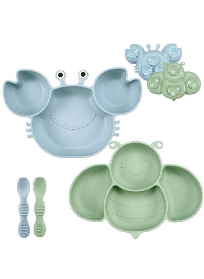 PandaEar 2 Pack Silicone Suction Plates for Baby, Divided Unbreakable Toddler Plate with 2 Pack Spoons for Self Feeding, Babies Utensils Feeding Set Baby Eating Supplies, Crab & Bee Shape -Blue&Green