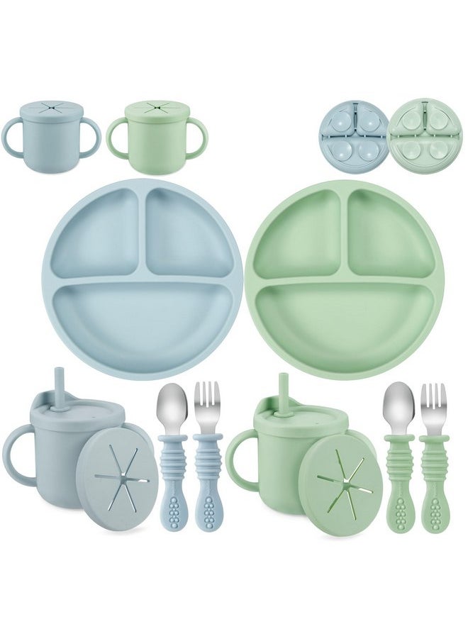 PandaEar Silicone Baby Feeding Set| 2 Pack Silicone Divided Suction Plate and 2 Pack Tiny Cup with 2 Spoons 2 Forks| Baby Led Weaning Supplies Self Feeding Eating Utensils (Light Blue/Light Green)