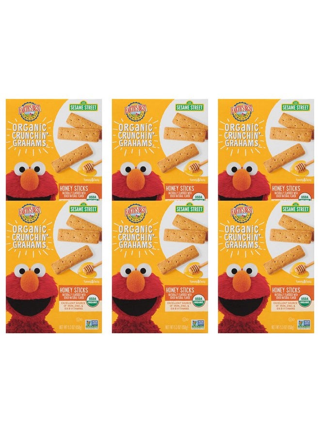 Earth's Best Organic Kids Snacks, Sesame Street Toddler Snacks, Organic Crunchin' Grahams for Toddlers 2 Years and Older, Honey Sticks with other Natural Flavors, 5.3 oz Box (Pack of 6)