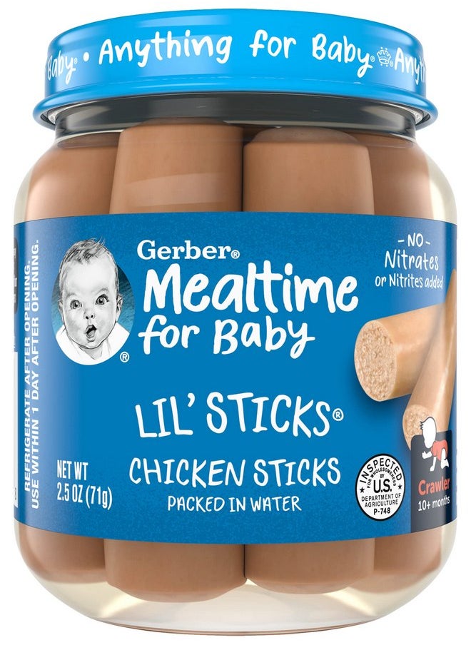 Gerber Mealtime for Baby Lil’ Sticks, Chicken Sticks, Packed in Water, No Nitrates or Nitrites Added, for Crawlers 10 Months & Up, 2.5 Ounce Jar (Pack of 10 Jars)