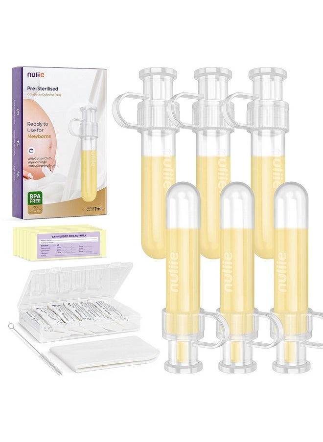 Nuliie Colostrum Collector Kit 7ml/6pcs, Leakproof, Reusable Breast Milk Collector, Heat & Freezer Resistant, BPA-Free, With Cotton Cloth Wipe, Storage Case, Cleaning Brush - Ready-to-Use for Newborns