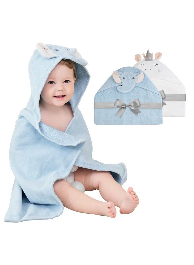 Softan 2 Pack Baby Hooded Towels, Premium Soft Cotton Baby Bath Towels with Hood, Extra Thick and Super Absorbent, Essential for Newborns, Infants and Toddlers (Blue Elephant & White Unicorn)
