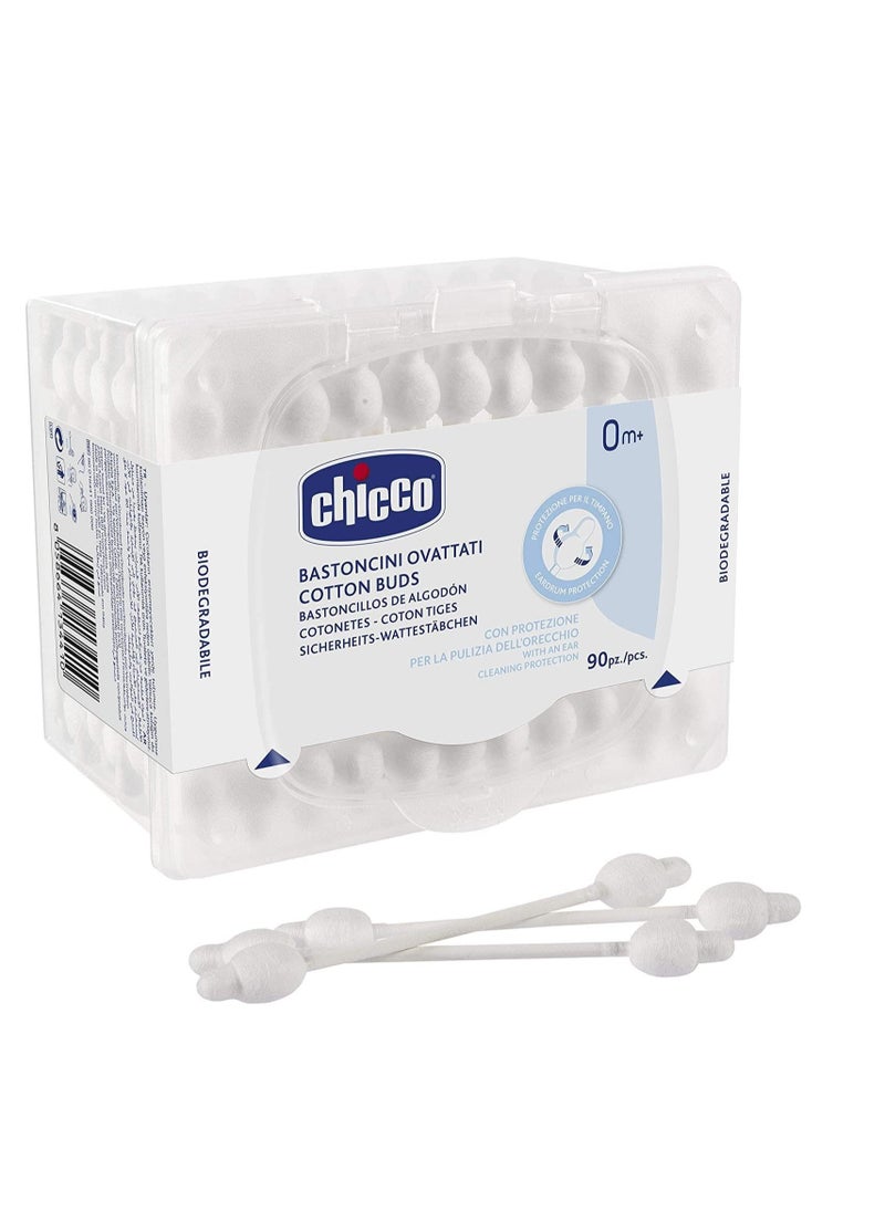 Chicco Cotton Buds with Eardrum Protection, 90 Pieces | For Baby Ear Cleaning | Made Of Paper Stem | Safe and Hygienic | Biodegredable