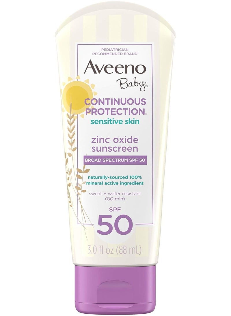 Aveeno Baby Continuous Protection Zinc Oxide Mineral Sunscreen Lotion For Sensitive Skin With Broad Spectrum SPF 50, Tear-Free, Sweat- & Water-Resistant, Travel-Size, 3 Fl. Oz