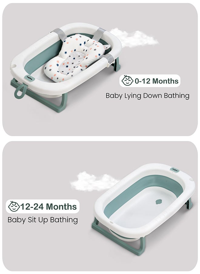 Foldable Baby Bath Tub With Anti-Skid Base, Support Cushion, Temperature Sensing Plug And Wall Mountable 0-3 Years, Green