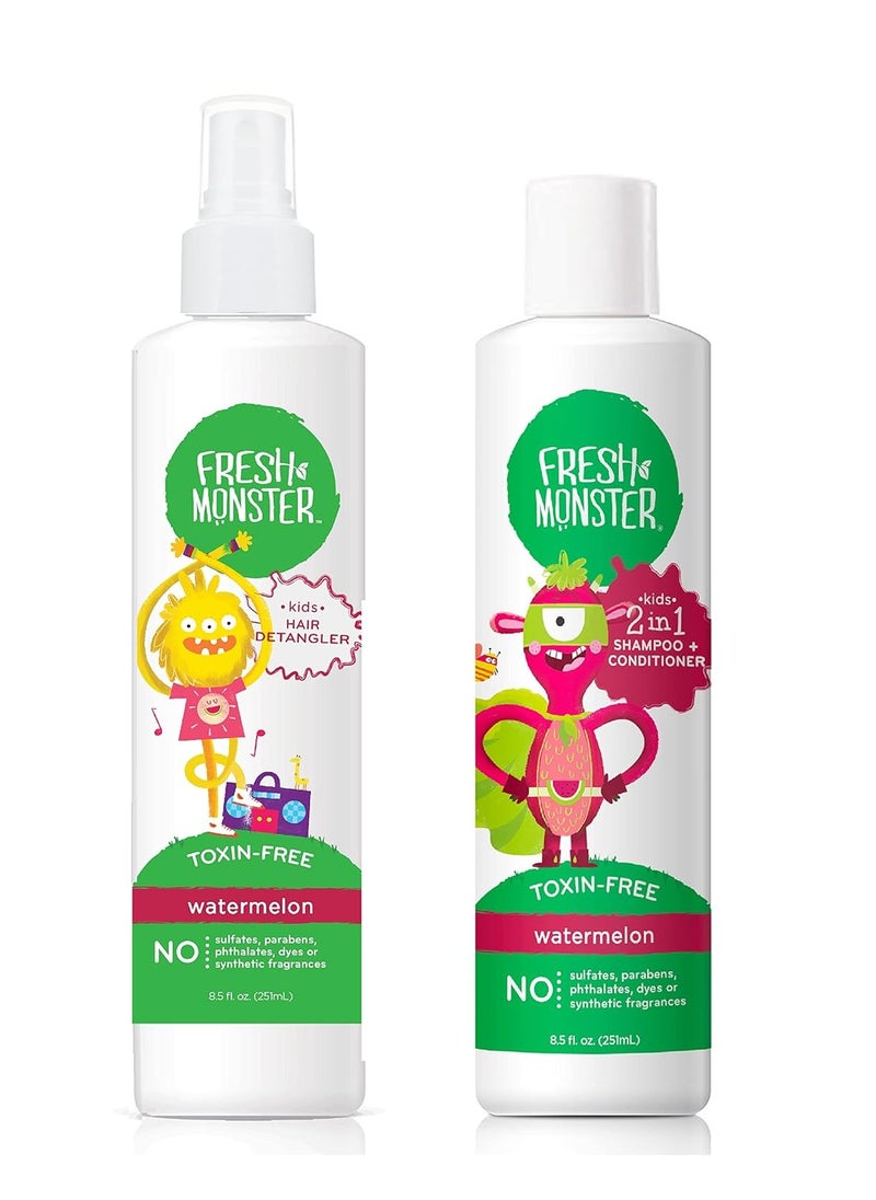 Fresh Monster Kids Hair Detangler Spray & 2-in-1 Shampoo & Conditioner Combo, Toxin-Free, Hypoallergenic & Natural, Watermelon (8.5 oz Detangler & 8.5 oz 2-in-1 Shampoo & Conditioner)