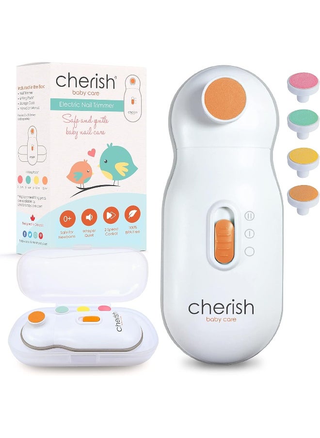 Cherish Baby Care Baby Nail Trimmer Electric - Automatic Safety Stop, BPA-Free & Safety-Tested Electric Nail File Baby, Includes 4 File Pads, 0-12+ Months