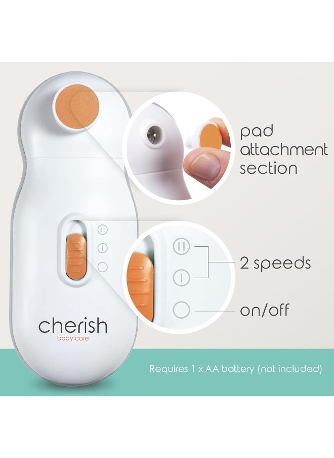 Cherish Baby Care Baby Nail Trimmer Electric - Automatic Safety Stop, BPA-Free & Safety-Tested Electric Nail File Baby, Includes 4 File Pads, 0-12+ Months
