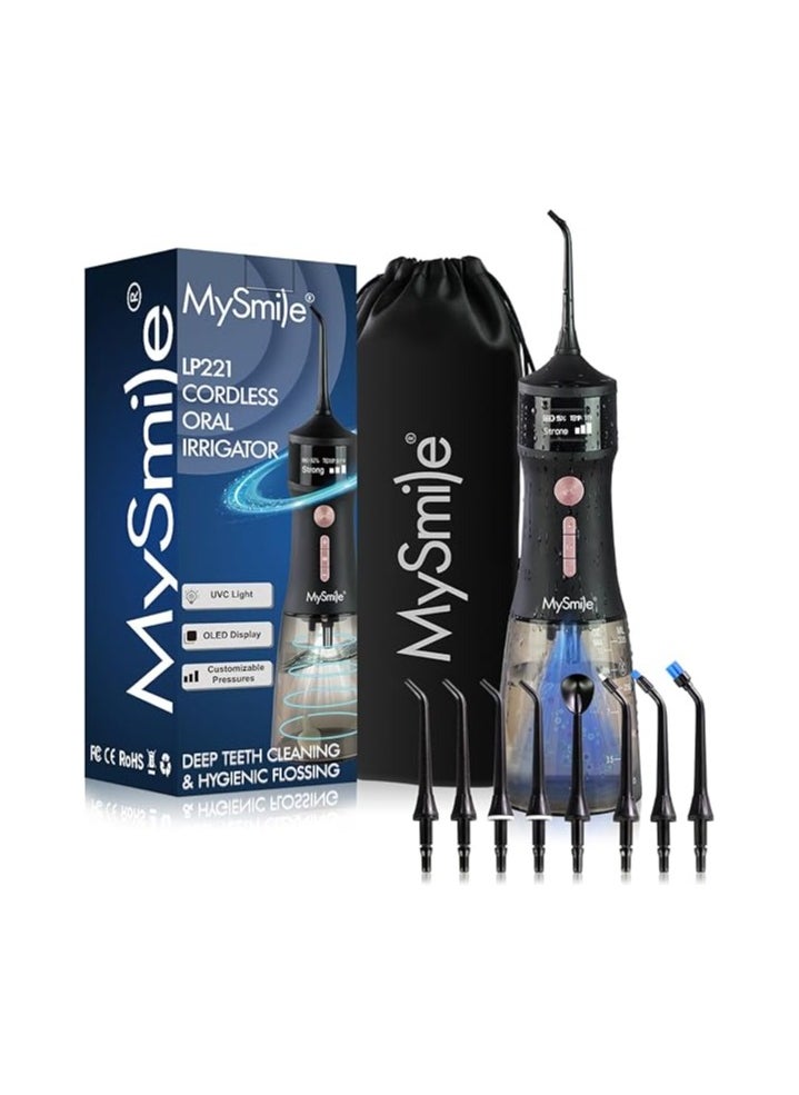 MySmile LP221 UVC Sterilizable Cordless Water Flossers for Teeth 335ML Portable OLED Display Dental Flosser with 4 Modes 8 Jet Tips and a Storage Pouch for Home and Travel (Midnight Black)