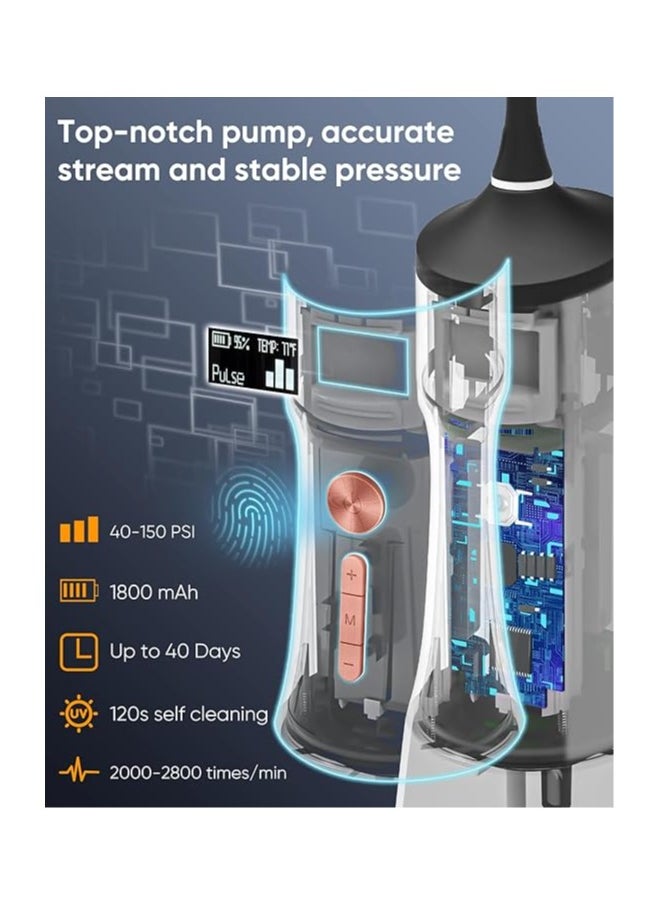MySmile LP221 UVC Sterilizable Cordless Water Flossers for Teeth 335ML Portable OLED Display Dental Flosser with 4 Modes 8 Jet Tips and a Storage Pouch for Home and Travel (Midnight Black)