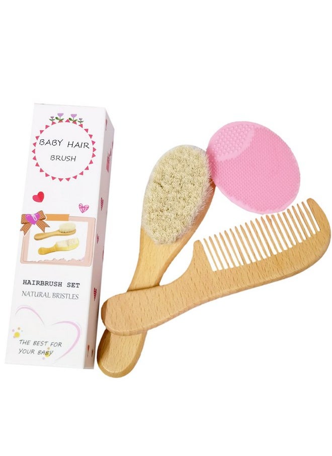 Molylove 3PCS Baby Hair Brush with Wooden Handle and Comb Set for Newborns & Toddlers | Natural Soft Goat Bristles l Wood comb l Pink Silicone Brush| Ideal for Cradle Cap
