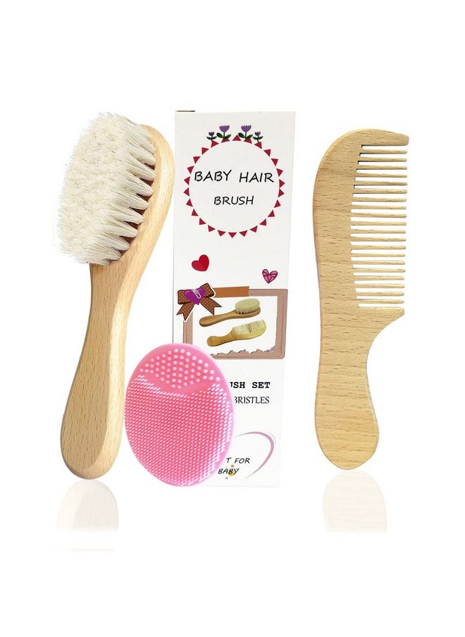 Molylove 3PCS Baby Hair Brush with Wooden Handle and Comb Set for Newborns & Toddlers | Natural Soft Goat Bristles l Wood comb l Pink Silicone Brush| Ideal for Cradle Cap