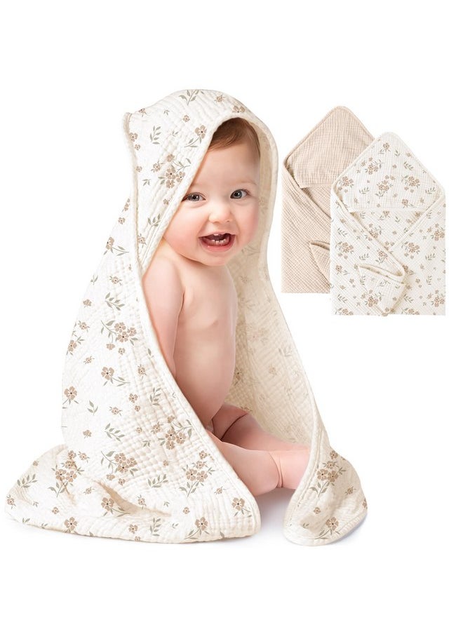 Konssy 2 Pack Muslin Hooded Baby Towels for Newborn Soft 100% Cotton Baby Bath Towel with Hood for Baby, Infant Ultra Absorbent, Baby Stuff Baby Bath Shower Gifts (Cream, Blossom,30