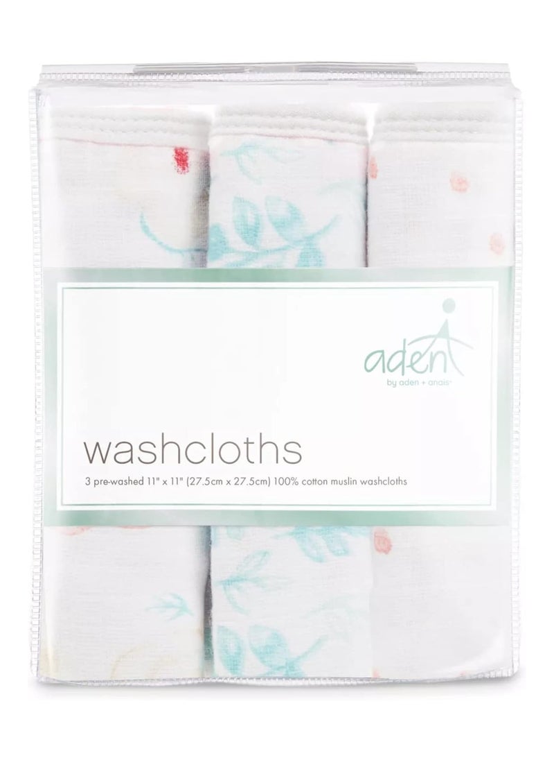 Essentials Washcloth Set, Super Soft 100% Cotton Muslin, 3-Pack, Full Bloom